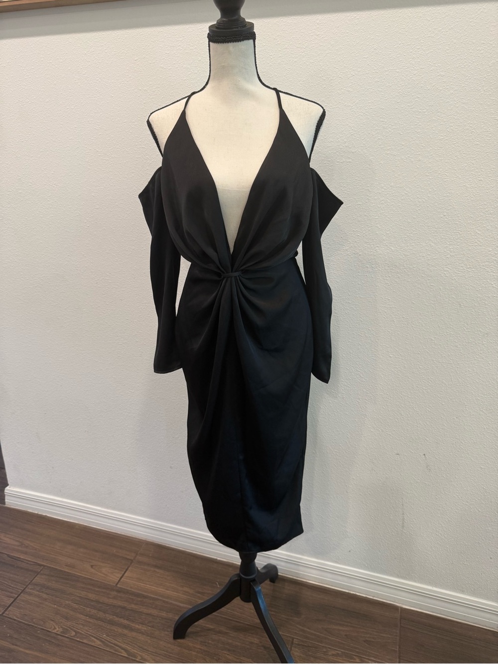 LOFT Black One-Shoulder Knot-Front Midi Dress